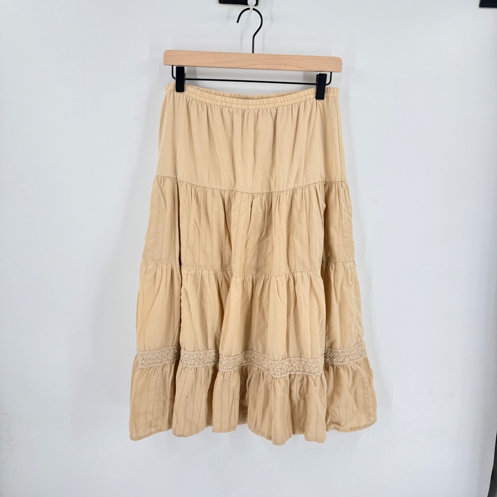 Vintage Promod Tiered Midi Skirt Tan Medium Boho Cottagecore Lace Elastic Waist